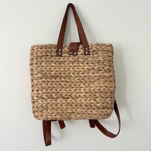 Hand Woven Straw Backpack Tote Bag Striped Liner Faux Leather Straps